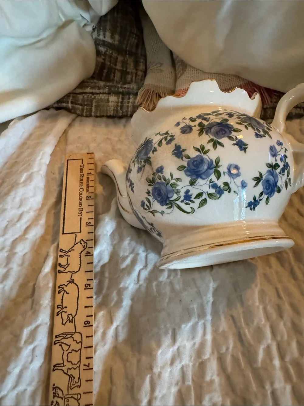 Classic Floral Ceramic Teapot in White with Blue Rose Accents